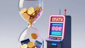 Стилизованные песочные часы с золотыми фишками и монетами, символизирующие сроки вывода средств в Level Up Casino
