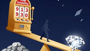 Сюрреалистичная иллюстрация баланса между частыми мелкими выигрышами и крупным джекпотом в слотах Level Up Casino